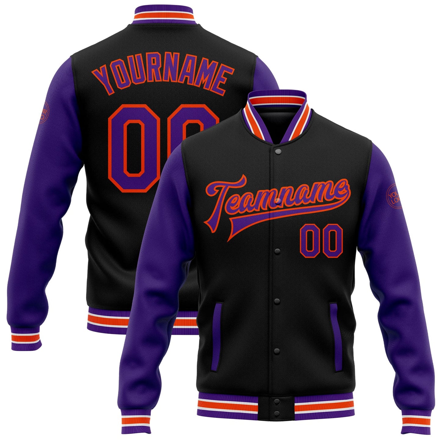 Custom Black Purple-Orange Bomber Full-Snap Varsity Letterman Two Tone Jacket - Main View
