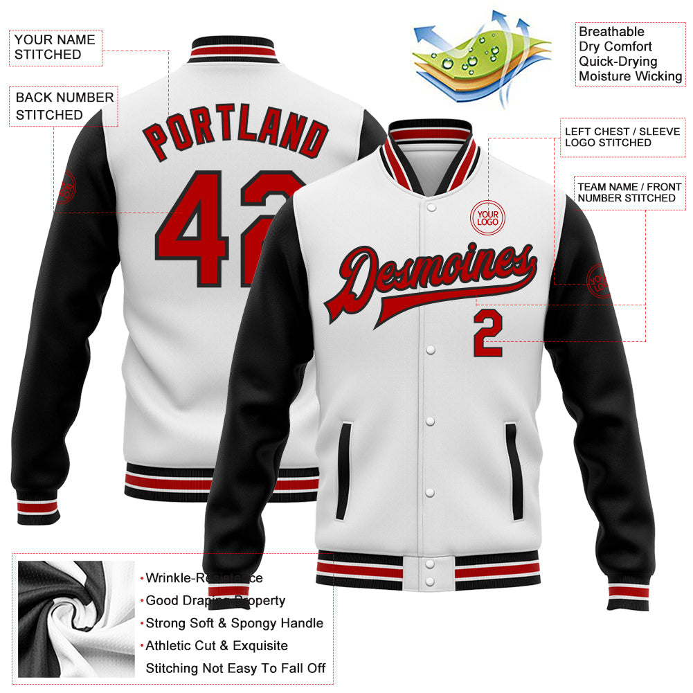Custom White Red-Black Bomber Full-Snap Varsity Letterman Two Tone Jacket view 5