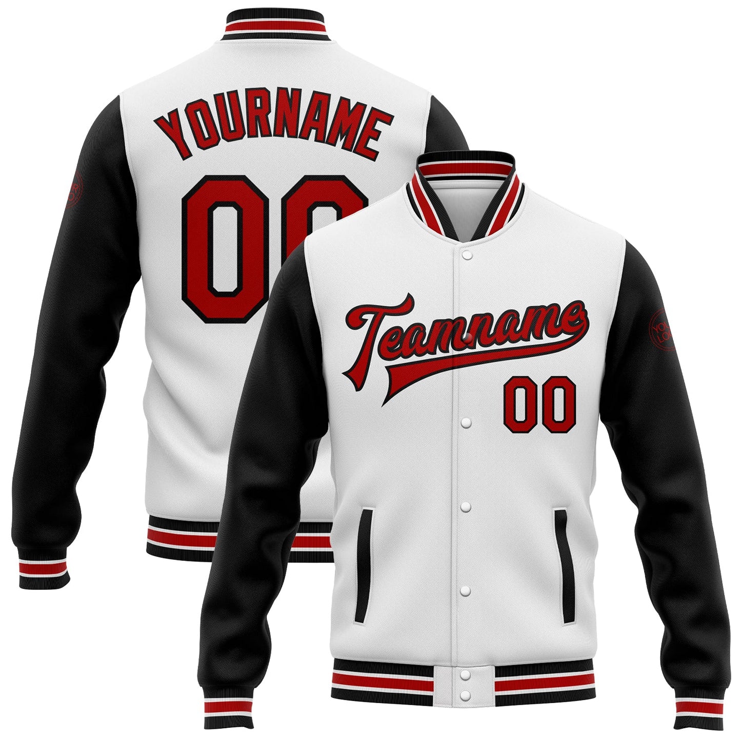 Custom White Red-Black Bomber Full-Snap Varsity Letterman Two Tone Jacket - Main View