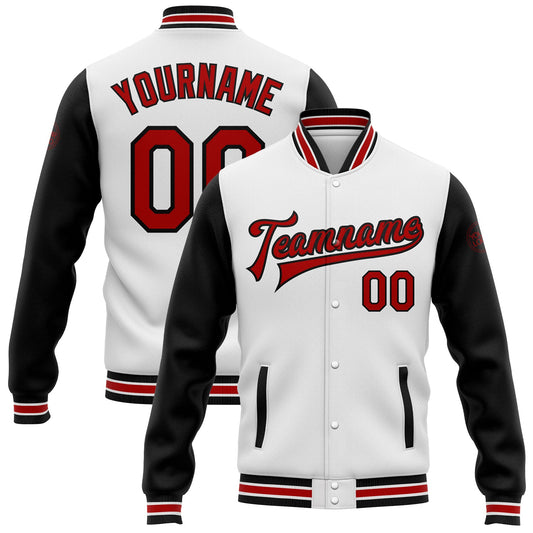 Custom White Red-Black Bomber Full-Snap Varsity Letterman Two Tone Jacket - Main View