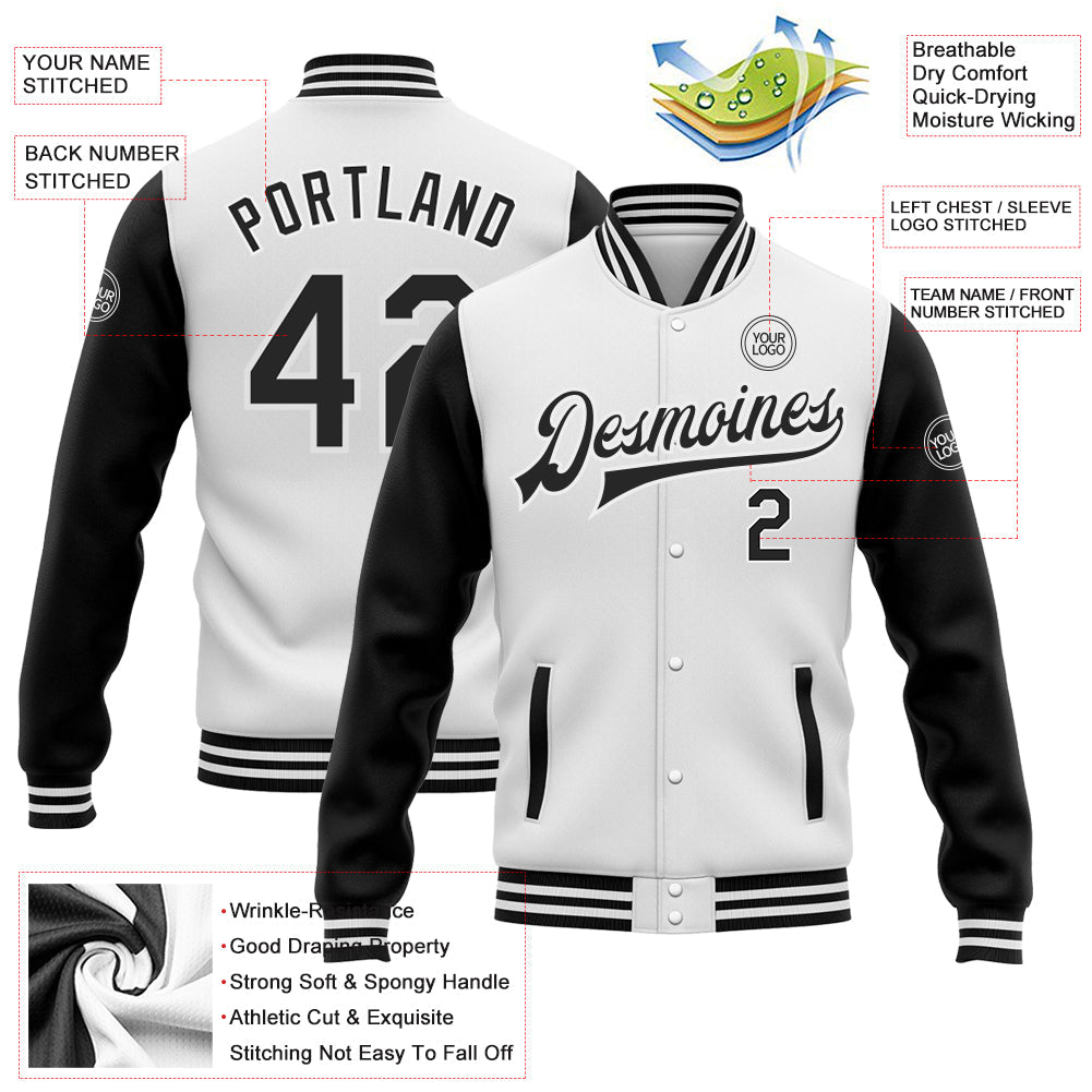 Custom White Black Bomber Full-Snap Varsity Letterman Two Tone Jacket view 5