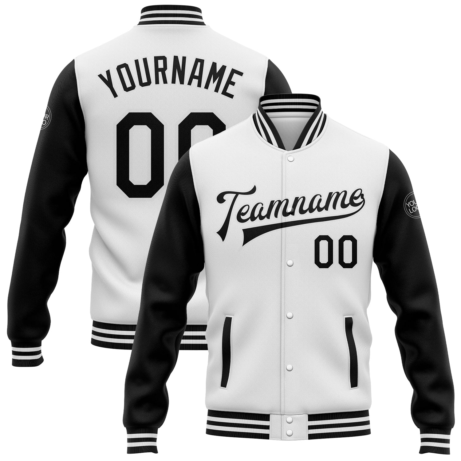 Custom White Black Bomber Full-Snap Varsity Letterman Two Tone Jacket - Main View