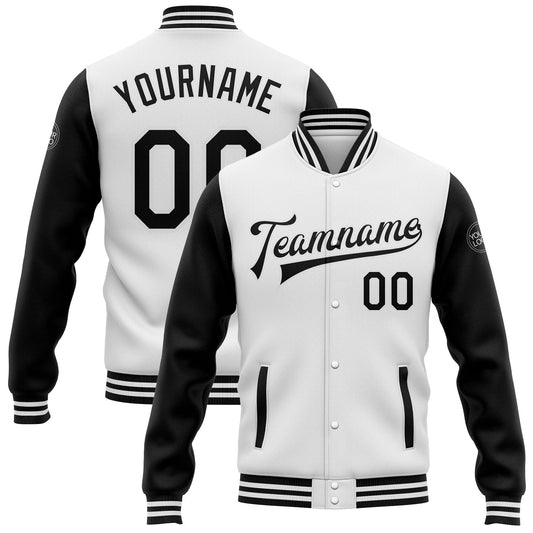 Custom White Black Bomber Full-Snap Varsity Letterman Two Tone Jacket - Main View
