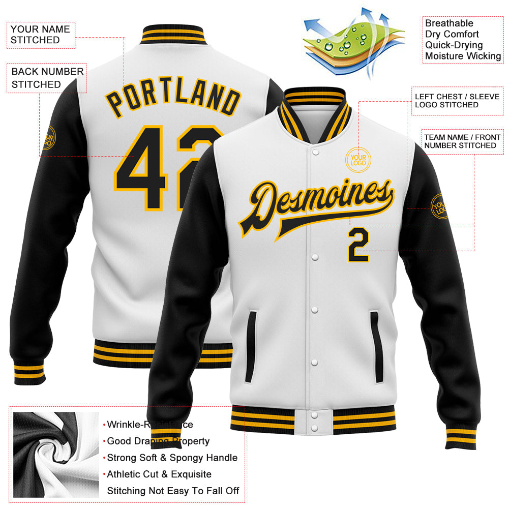 Custom White Black-Gold Bomber Full-Snap Varsity Letterman Two Tone Jacket view 5