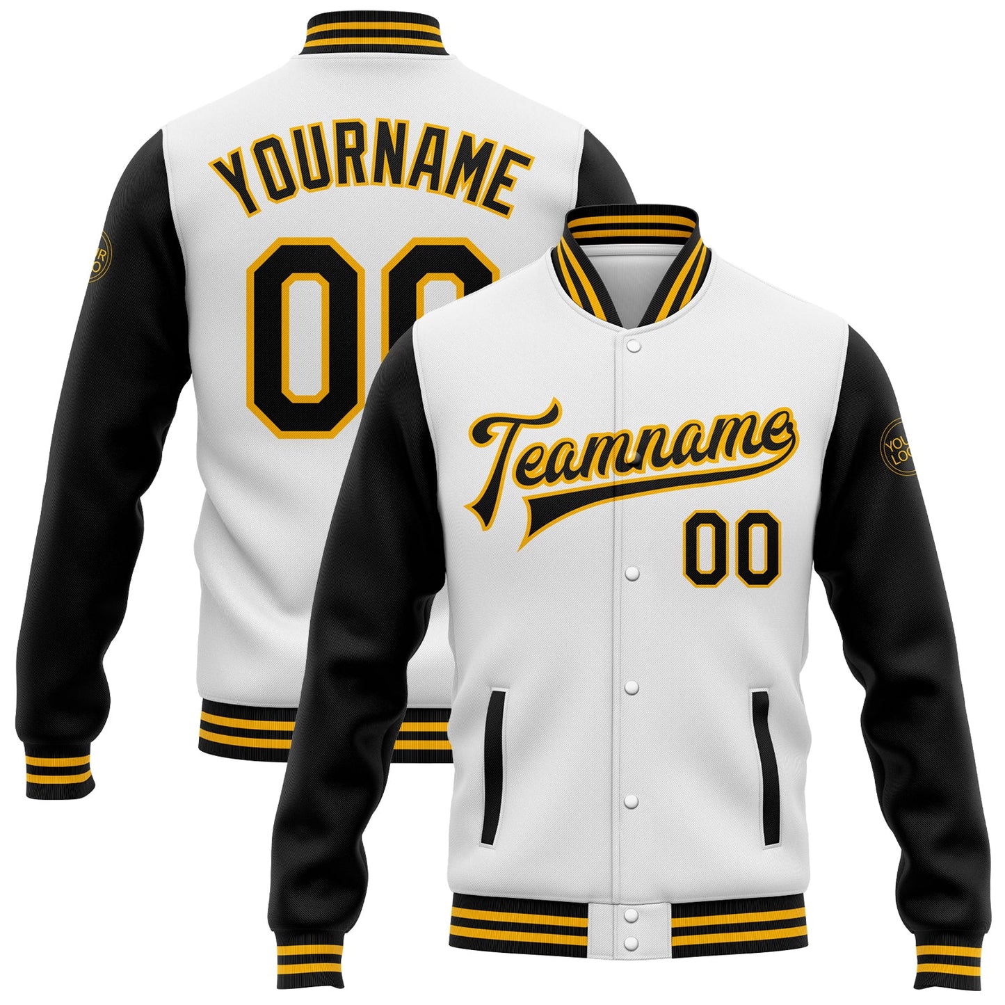 Custom White Black-Gold Bomber Full-Snap Varsity Letterman Two Tone Jacket - Main View