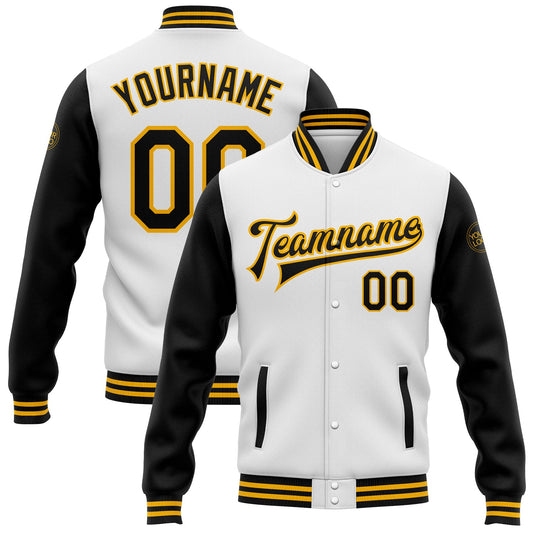 Custom White Black-Gold Bomber Full-Snap Varsity Letterman Two Tone Jacket - Main View