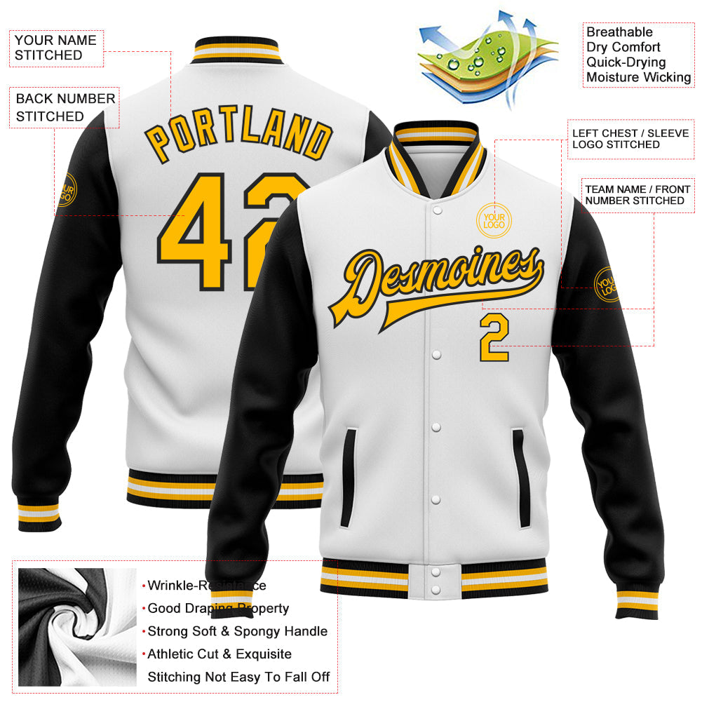 Custom White Gold-Black Bomber Full-Snap Varsity Letterman Two Tone Jacket view 5