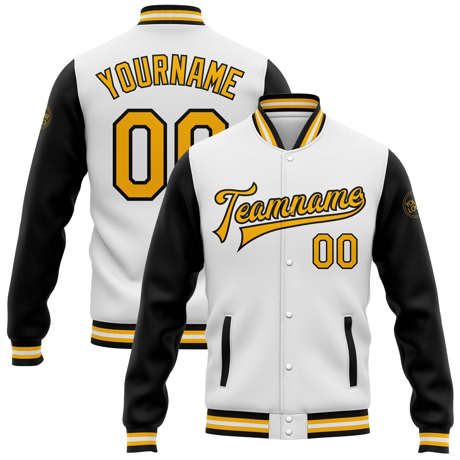 Custom White Gold-Black Bomber Full-Snap Varsity Letterman Two Tone Jacket - Main View