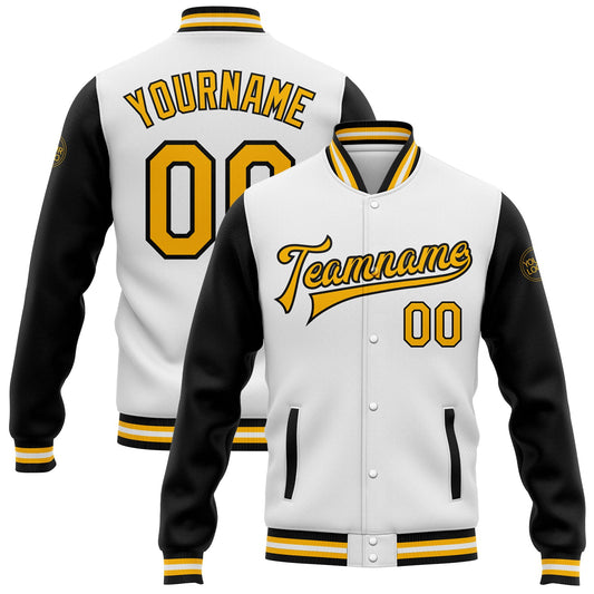 Custom White Gold-Black Bomber Full-Snap Varsity Letterman Two Tone Jacket - Main View