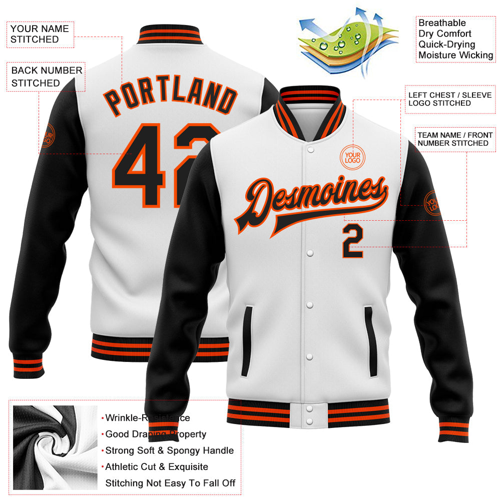 Custom White Black-Orange Bomber Full-Snap Varsity Letterman Two Tone Jacket view 5
