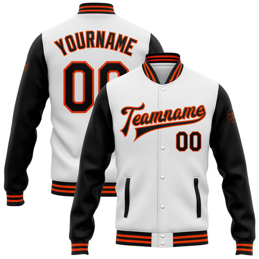 Custom White Black-Orange Bomber Full-Snap Varsity Letterman Two Tone Jacket - Main View