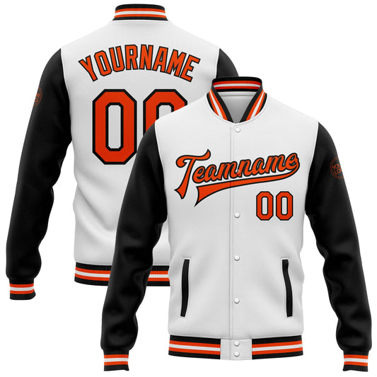 Custom White Orange-Black Bomber Full-Snap Varsity Letterman Two Tone Jacket - Main View