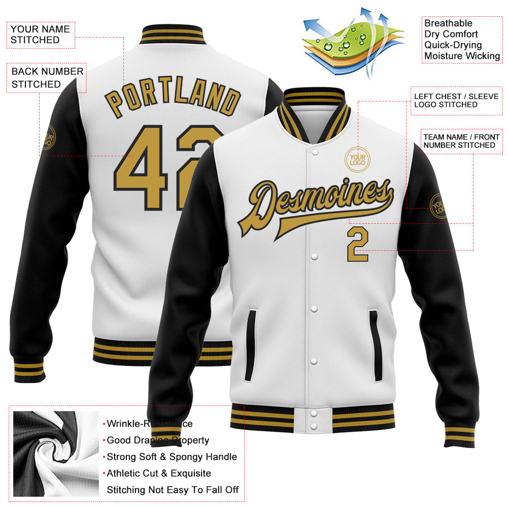 Custom White Old Gold-Black Bomber Full-Snap Varsity Letterman Two Tone Jacket view 5