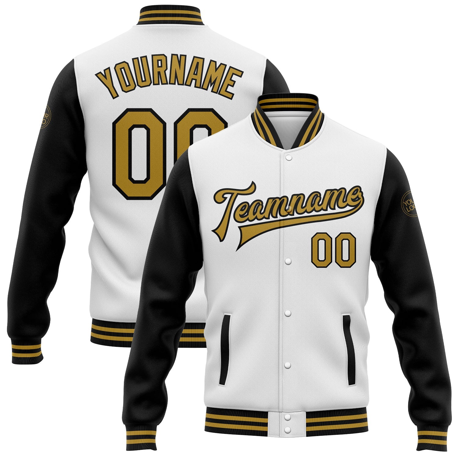 Custom White Old Gold-Black Bomber Full-Snap Varsity Letterman Two Tone Jacket - Main View