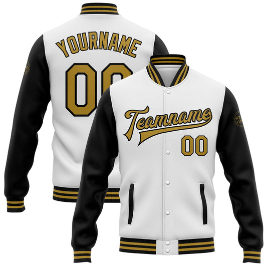 Custom White Old Gold-Black Bomber Full-Snap Varsity Letterman Two Tone Jacket - Main View