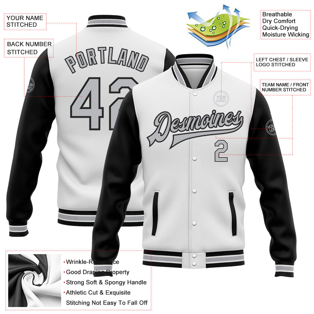 Custom White Gray-Black Bomber Full-Snap Varsity Letterman Two Tone Jacket view 5