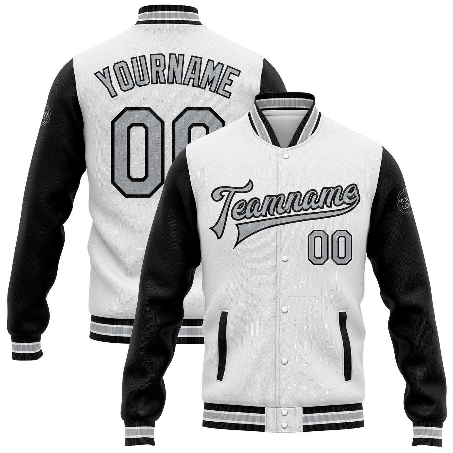 Custom White Gray-Black Bomber Full-Snap Varsity Letterman Two Tone Jacket - Main View