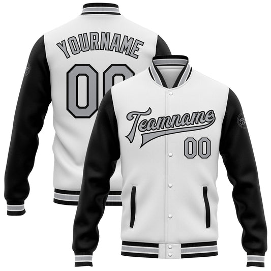 Custom White Gray-Black Bomber Full-Snap Varsity Letterman Two Tone Jacket - Main View