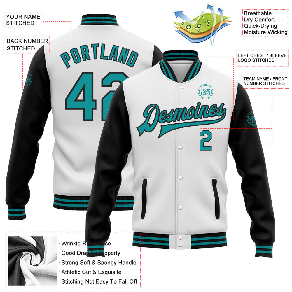 Custom White Teal-Black Bomber Full-Snap Varsity Letterman Two Tone Jacket view 5