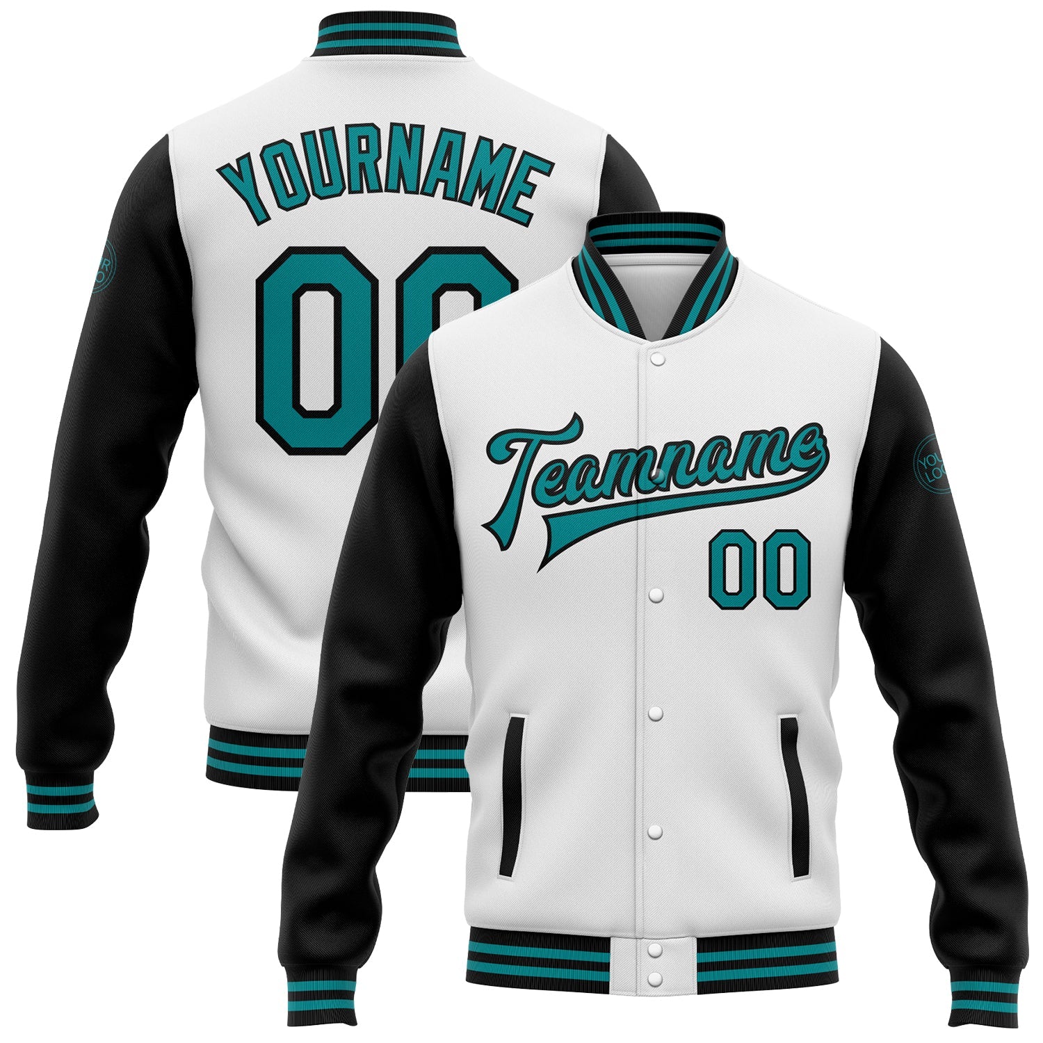 Custom White Teal-Black Bomber Full-Snap Varsity Letterman Two Tone Jacket - Main View
