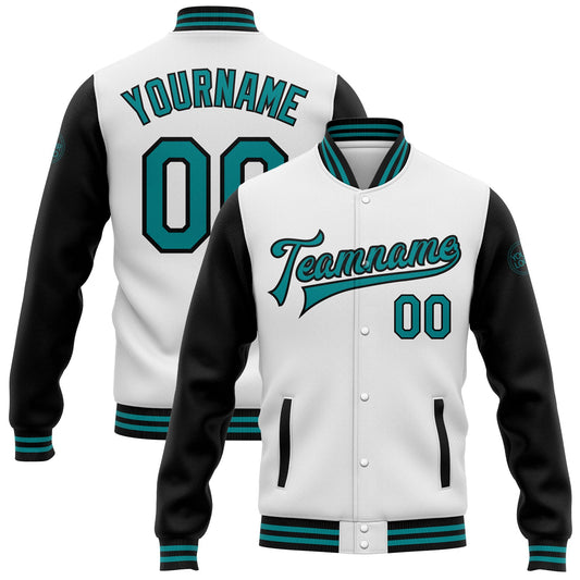 Custom White Teal-Black Bomber Full-Snap Varsity Letterman Two Tone Jacket - Main View