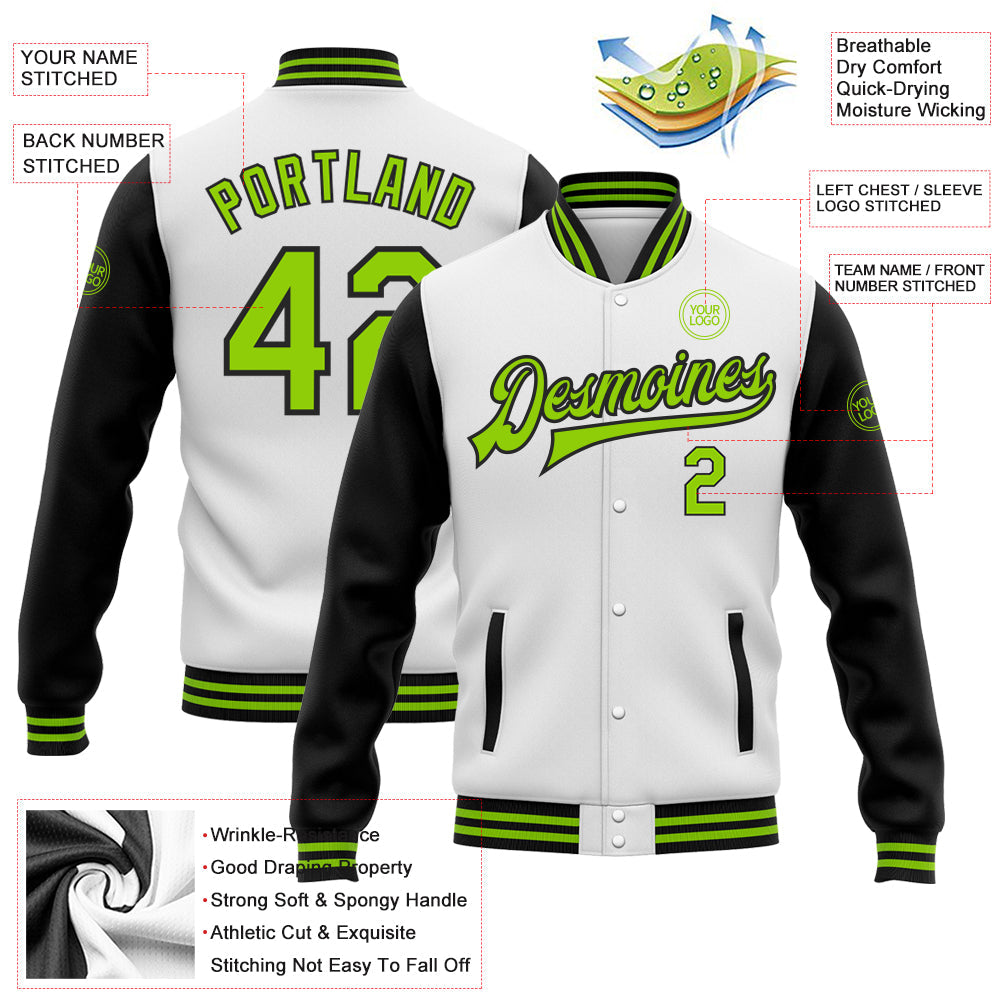 Custom White Neon Green-Black Bomber Full-Snap Varsity Letterman Two Tone Jacket view 5