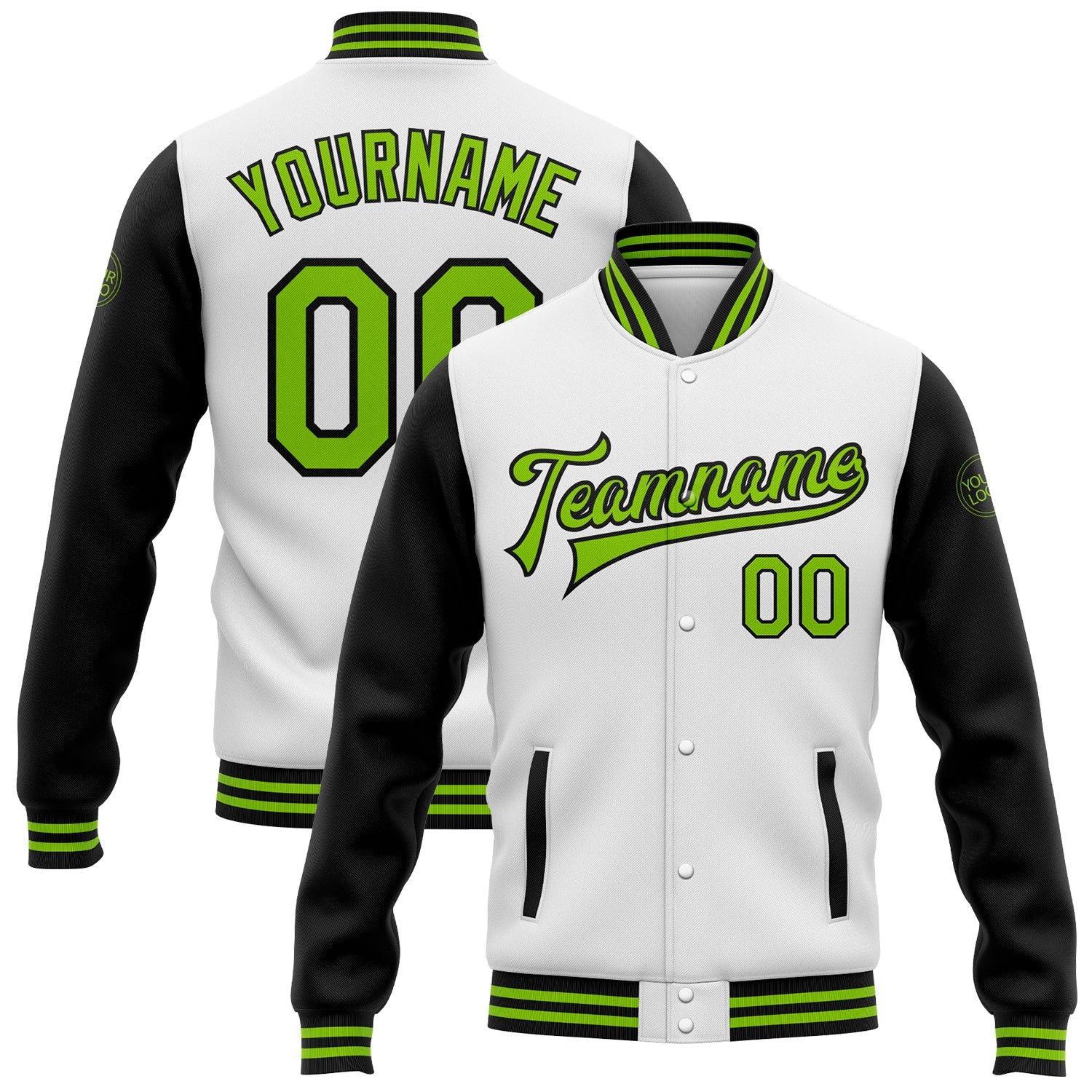 Custom White Neon Green-Black Bomber Full-Snap Varsity Letterman Two Tone Jacket - Main View