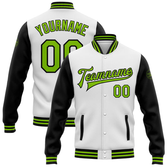 Custom White Neon Green-Black Bomber Full-Snap Varsity Letterman Two Tone Jacket - Main View