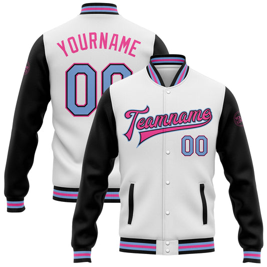 Custom White Light Blue-Pink Bomber Full-Snap Varsity Letterman Two Tone Jacket - Main View
