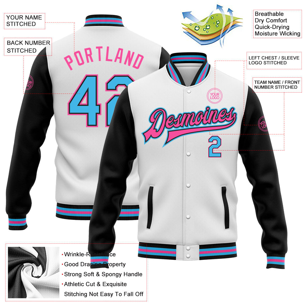 Custom White Sky Blue-Pink Bomber Full-Snap Varsity Letterman Two Tone Jacket view 5