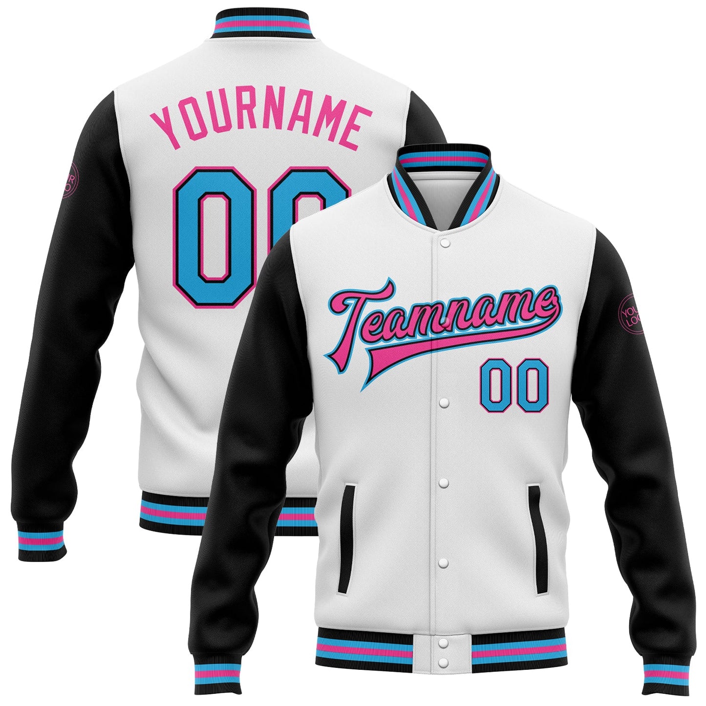 Custom White Sky Blue-Pink Bomber Full-Snap Varsity Letterman Two Tone Jacket - Main View