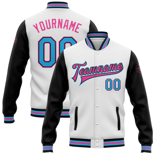 Custom White Sky Blue-Pink Bomber Full-Snap Varsity Letterman Two Tone Jacket - Main View