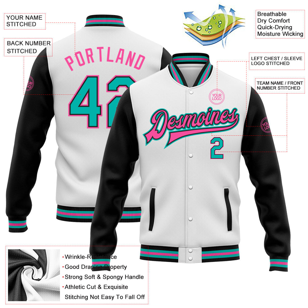 Custom White Aqua-Pink Bomber Full-Snap Varsity Letterman Two Tone Jacket view 5
