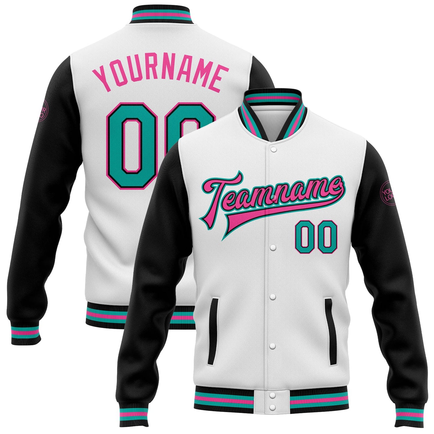 Custom White Aqua-Pink Bomber Full-Snap Varsity Letterman Two Tone Jacket - Main View