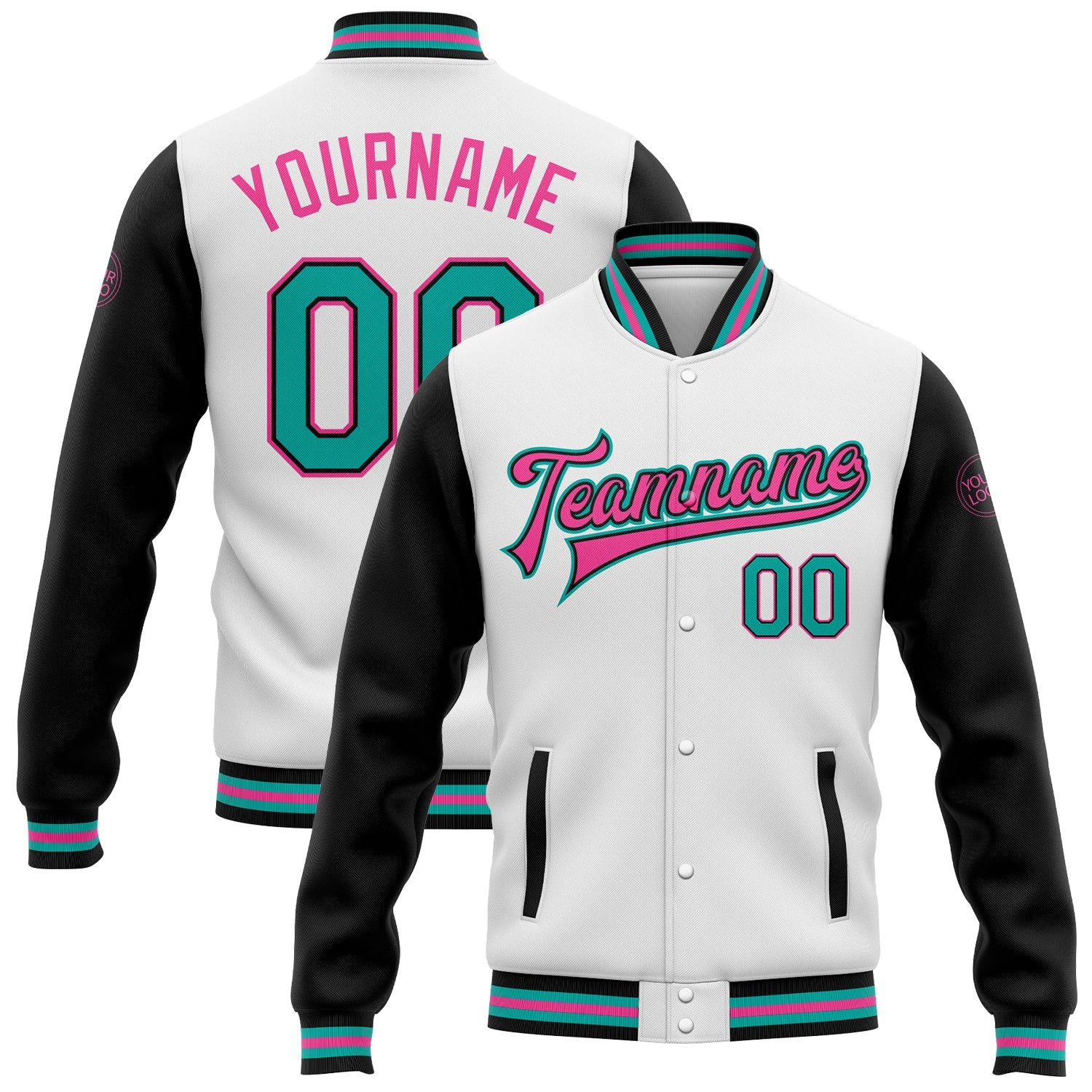 Custom White Aqua-Pink Bomber Full-Snap Varsity Letterman Two Tone Jacket - Main View