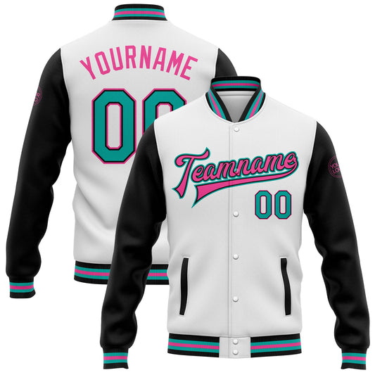 Custom White Aqua-Pink Bomber Full-Snap Varsity Letterman Two Tone Jacket - Main View