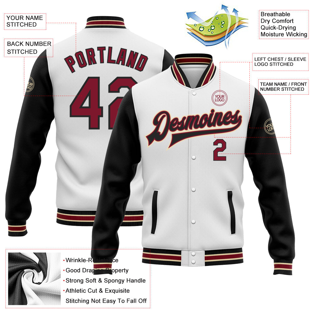 Custom White Crimson Black-City Cream Bomber Full-Snap Varsity Letterman Two Tone Jacket view 5