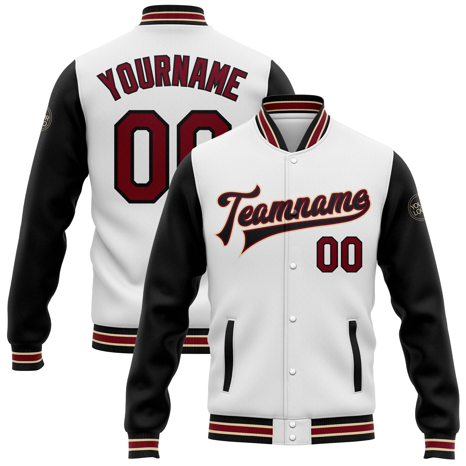 Custom White Crimson Black-City Cream Bomber Full-Snap Varsity Letterman Two Tone Jacket - Main View