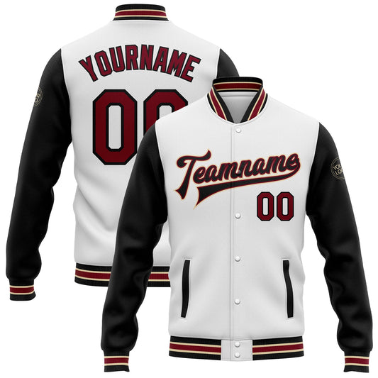 Custom White Crimson Black-City Cream Bomber Full-Snap Varsity Letterman Two Tone Jacket - Main View
