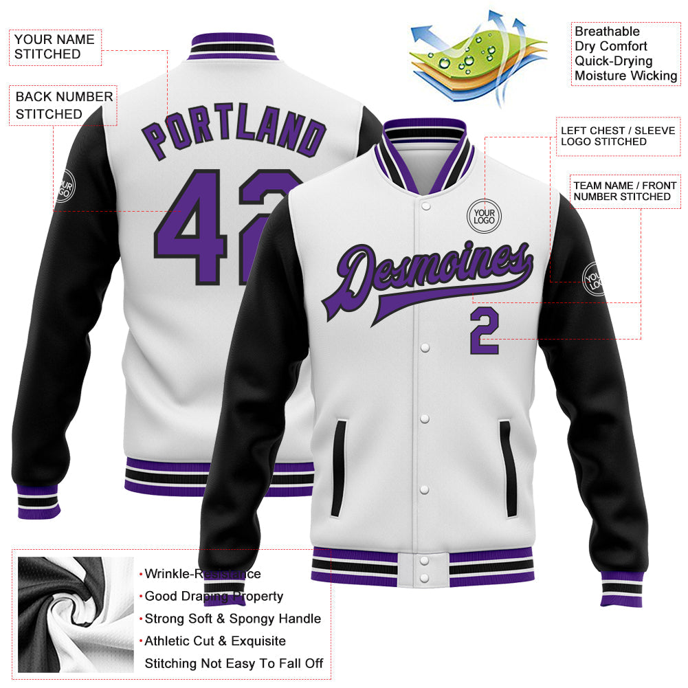 Custom White Purple-Black Bomber Full-Snap Varsity Letterman Two Tone Jacket view 5