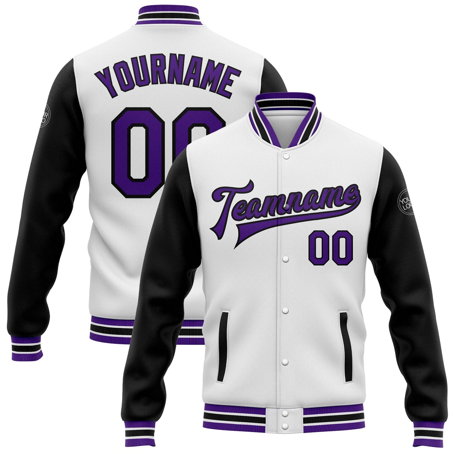 Custom White Purple-Black Bomber Full-Snap Varsity Letterman Two Tone Jacket - Main View