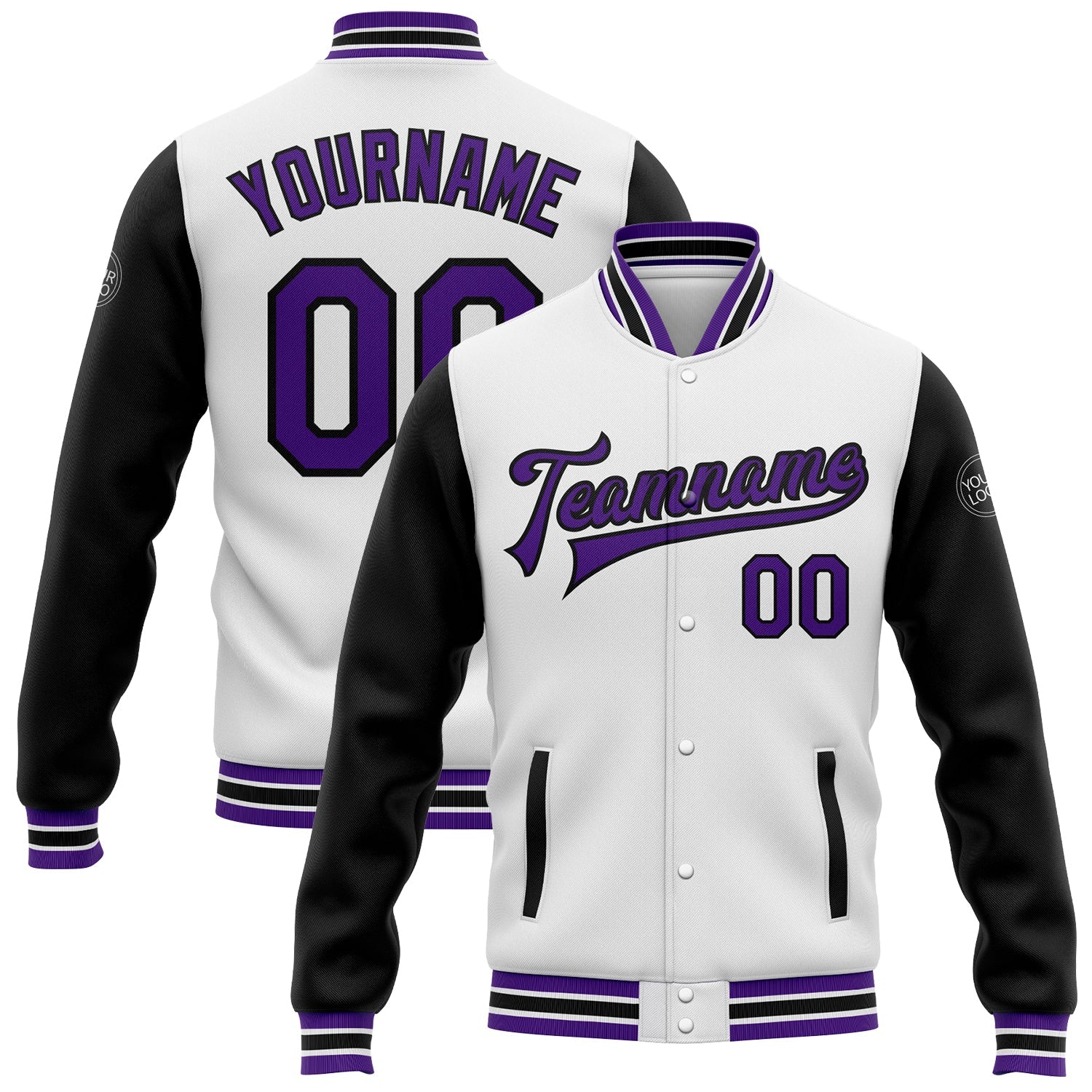 Custom White Purple-Black Bomber Full-Snap Varsity Letterman Two Tone Jacket - Main View