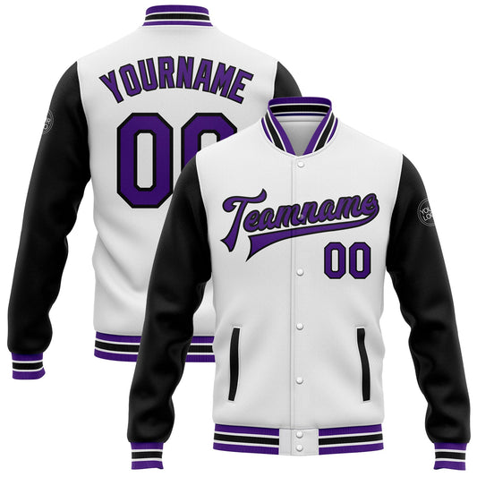 Custom White Purple-Black Bomber Full-Snap Varsity Letterman Two Tone Jacket - Main View