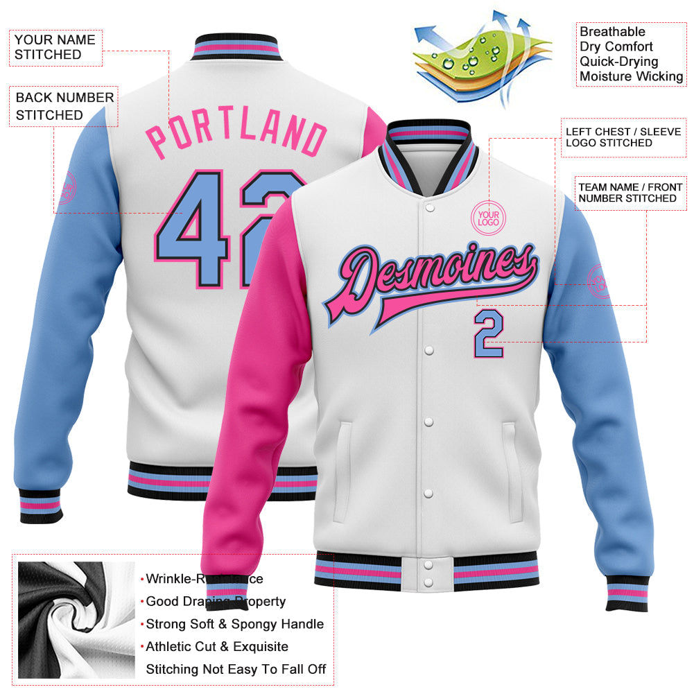 Custom White Light Blue Black-Pink Bomber Full-Snap Varsity Letterman Two Tone Jacket view 5