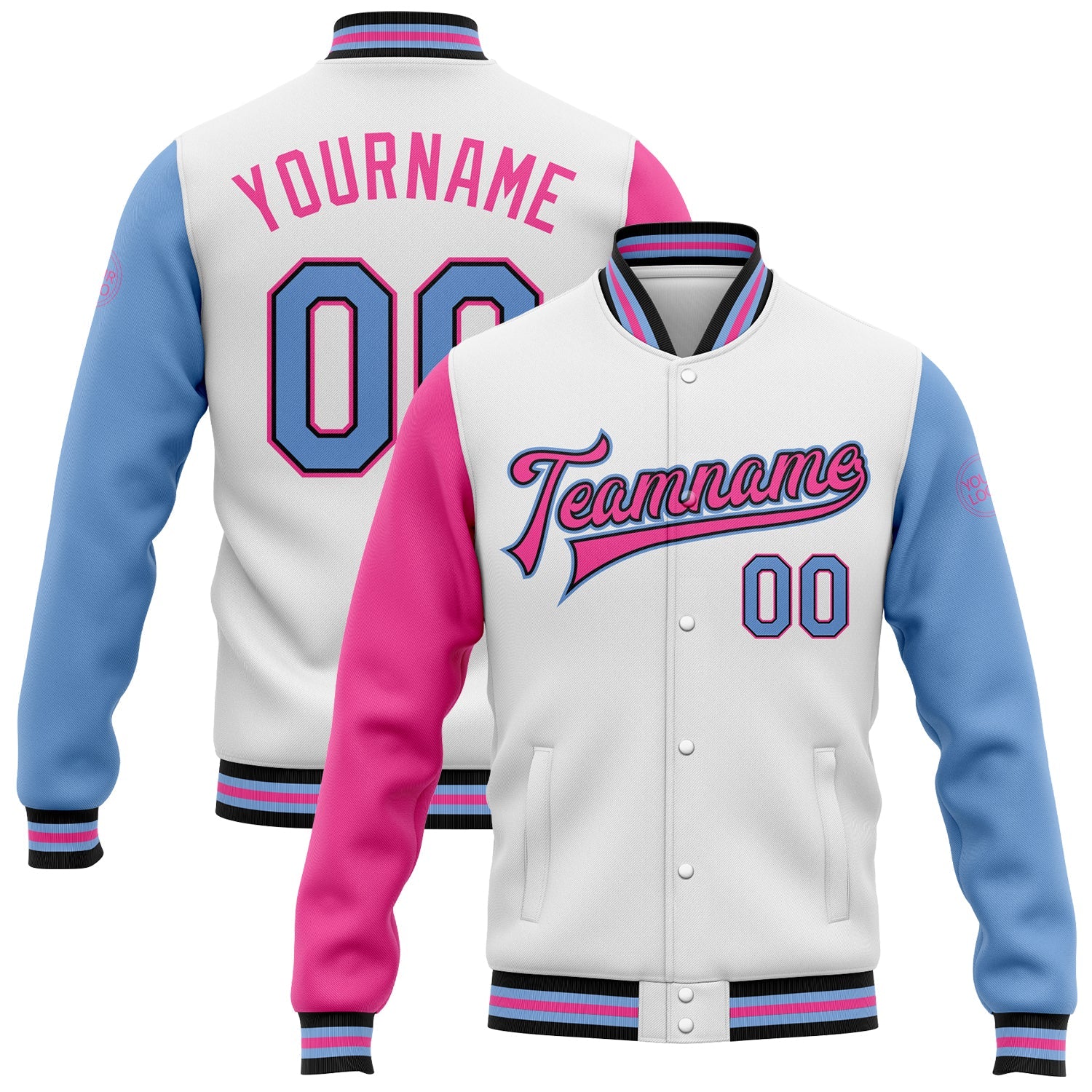 Custom White Light Blue Black-Pink Bomber Full-Snap Varsity Letterman Two Tone Jacket - Main View