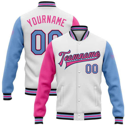 Custom White Light Blue Black-Pink Bomber Full-Snap Varsity Letterman Two Tone Jacket - Main View
