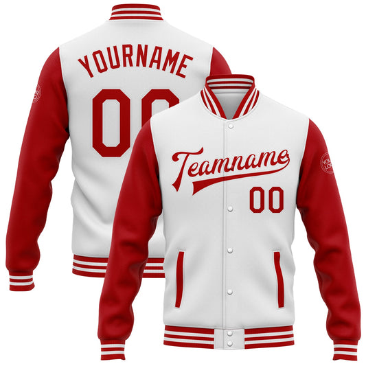 Custom White Red Bomber Full-Snap Varsity Letterman Two Tone Jacket - Main View