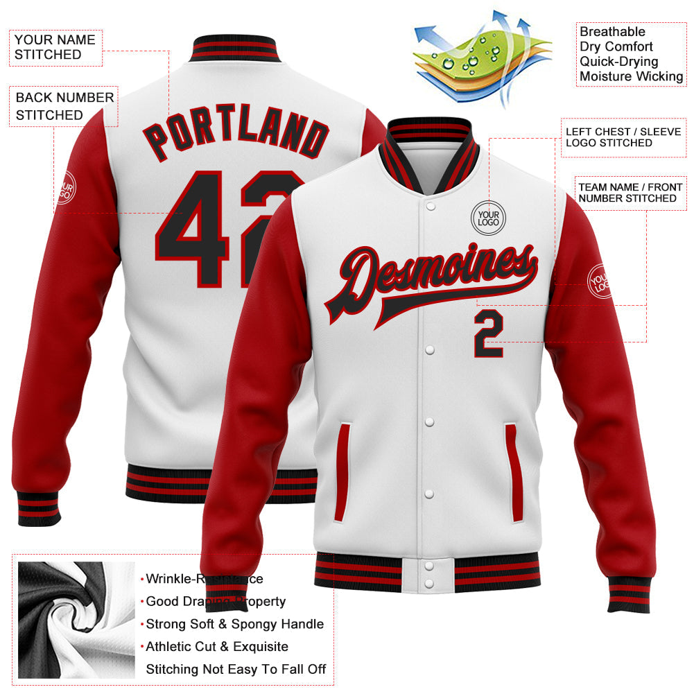 Custom White Black-Red Bomber Full-Snap Varsity Letterman Two Tone Jacket view 5