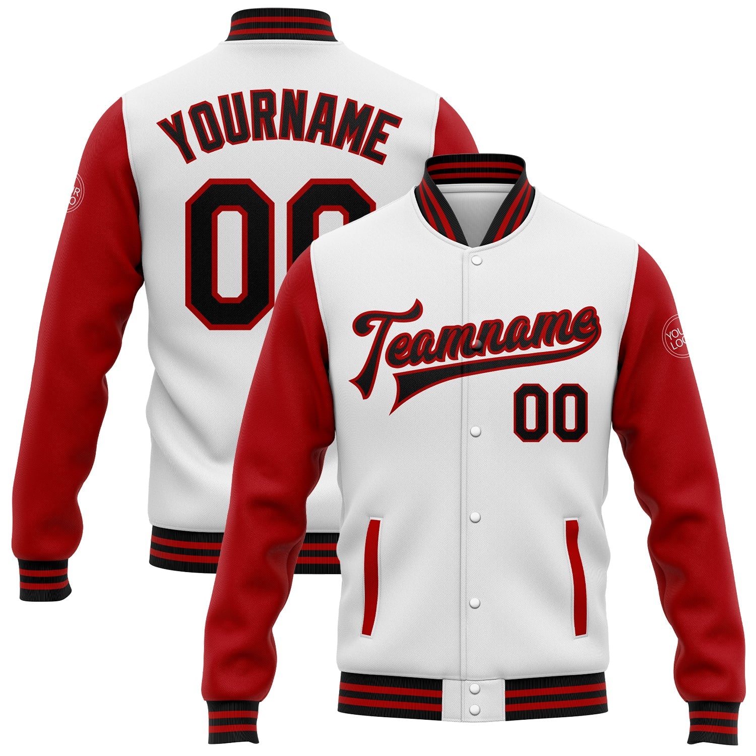Custom White Black-Red Bomber Full-Snap Varsity Letterman Two Tone Jacket - Main View