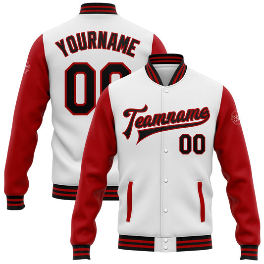 Custom White Black-Red Bomber Full-Snap Varsity Letterman Two Tone Jacket - Main View